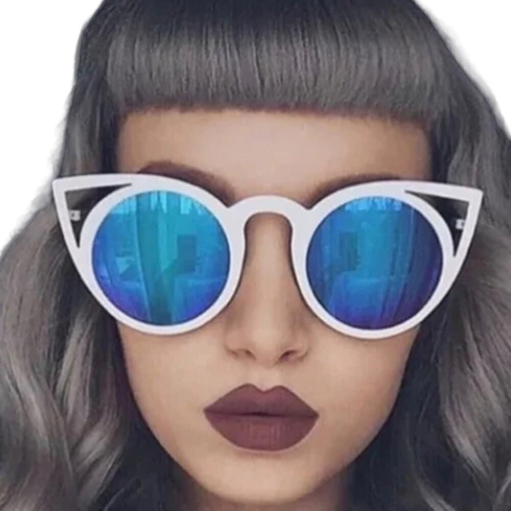 SUNGLASSES SUN GLASSES Shades Cat Eye Blue Lenses Silver Metal Frames UV400